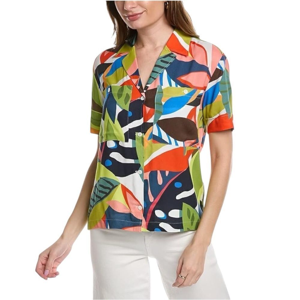 Trina Turk Tropical Piazza Print Short Sleeve Button Down Camp Shirt